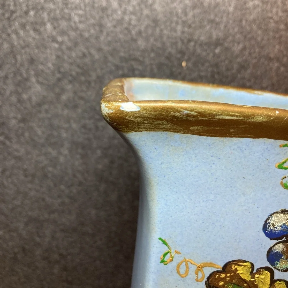 Vintage 1950 Hand Painted Blue Pottery Vase Floral Wheat Motif Mid Century Decor